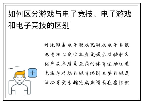 如何区分游戏与电子竞技、电子游戏和电子竞技的区别